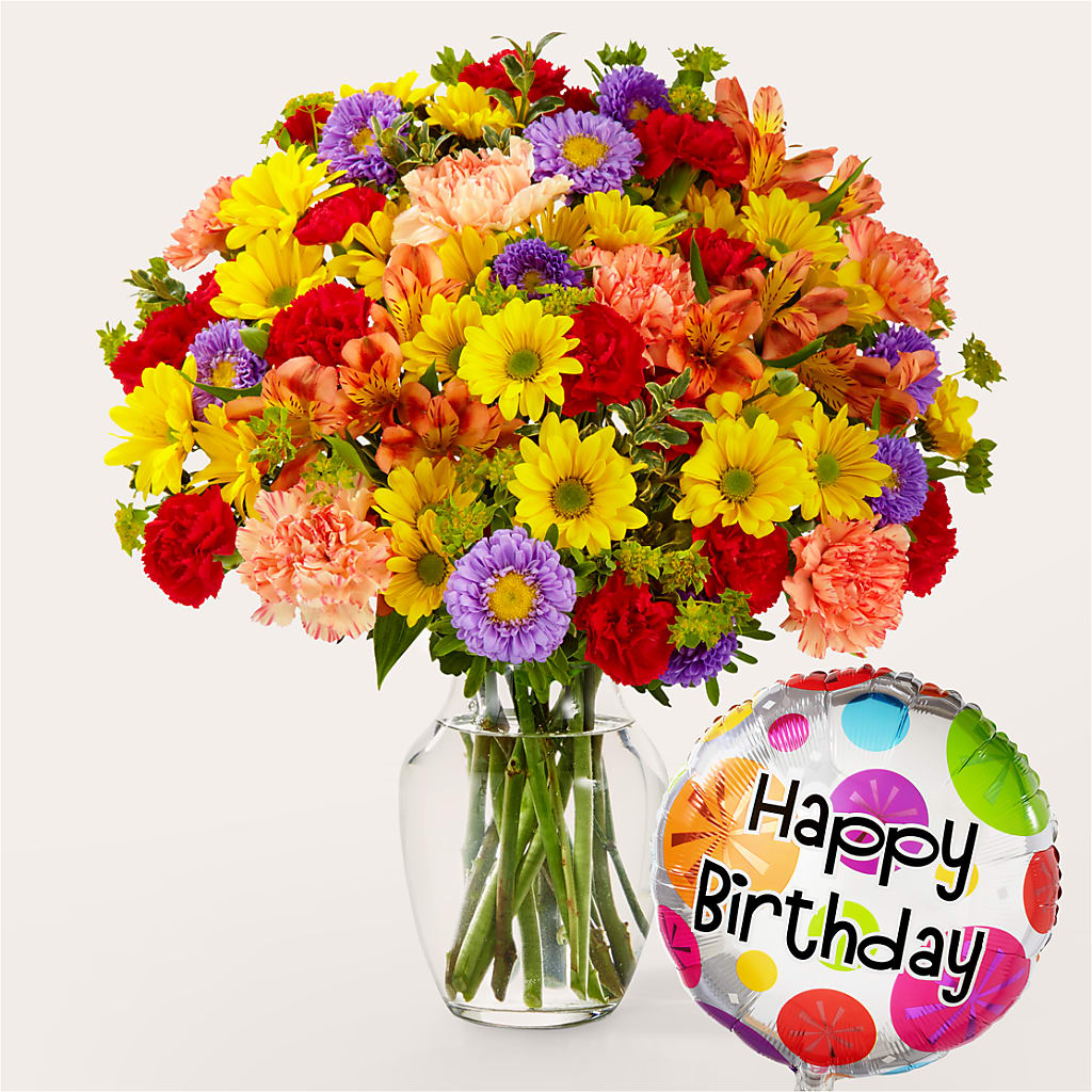 Kaleidoscope Bouquet with Birthday Balloon – Maes Flower Shop, Ville Platte LA