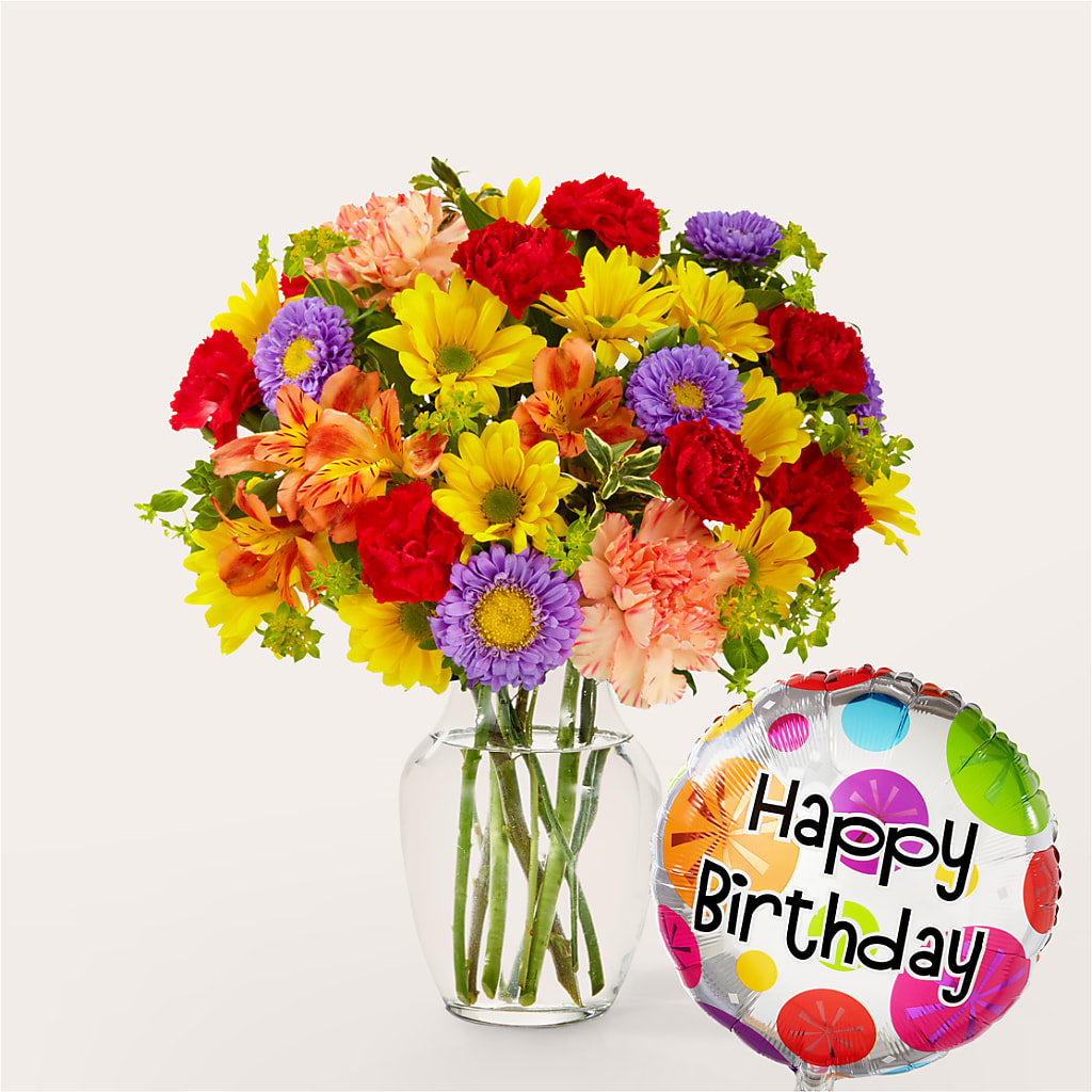 Kaleidoscope Bouquet with Birthday Balloon – Maes Flower Shop, Ville Platte LA