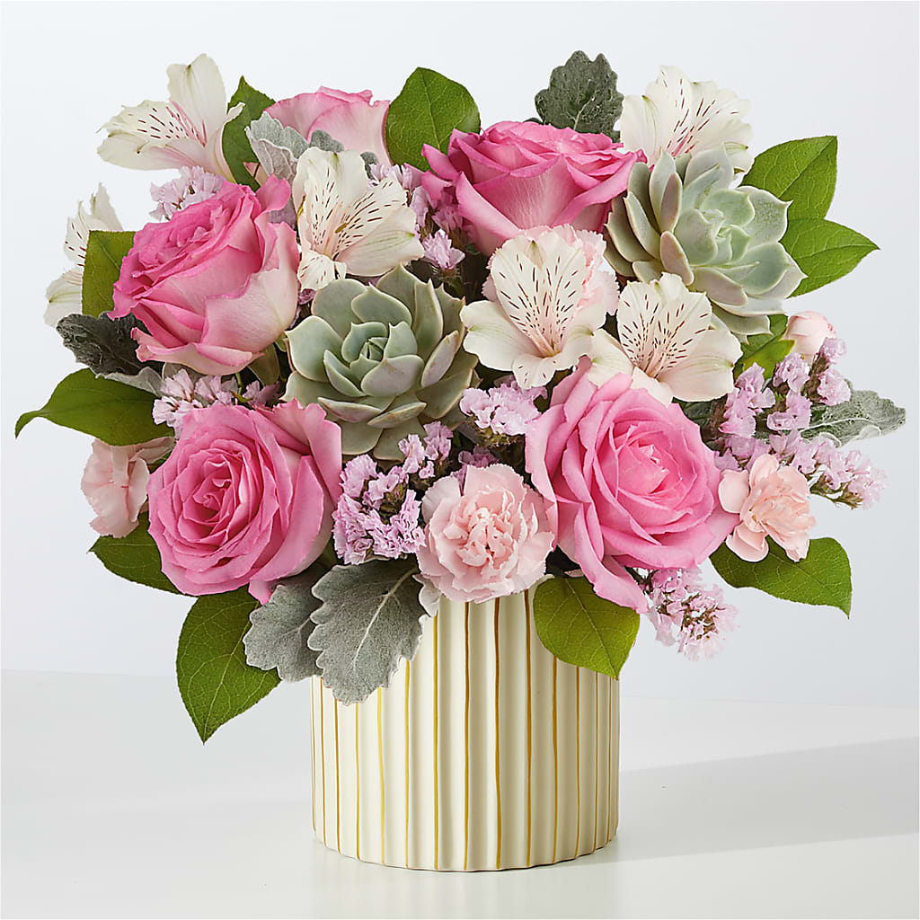 Dusty Rose Bouquet with Ivory Vase – Maes Flower Shop, Ville Platte LA