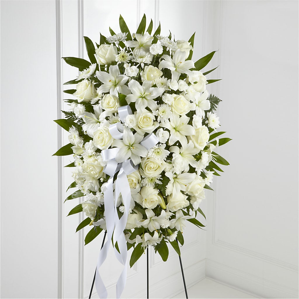 Exquisite Tribute Standing Spray-White Ribbon – Maes Flower Shop, Ville Platte LA