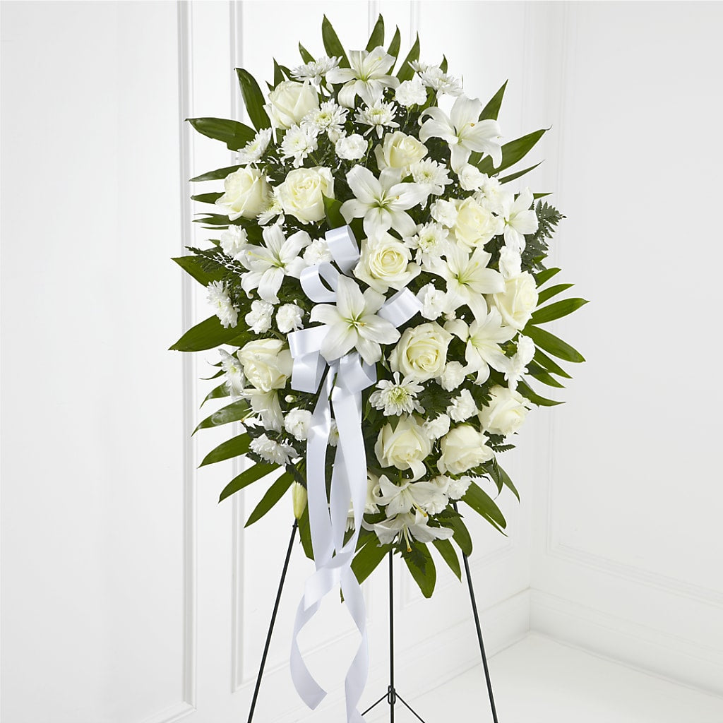 Exquisite Tribute Standing Spray-White Ribbon – Maes Flower Shop, Ville Platte LA