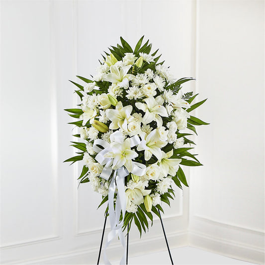 Exquisite Tribute Standing Spray-White Ribbon – Maes Flower Shop, Ville Platte LA
